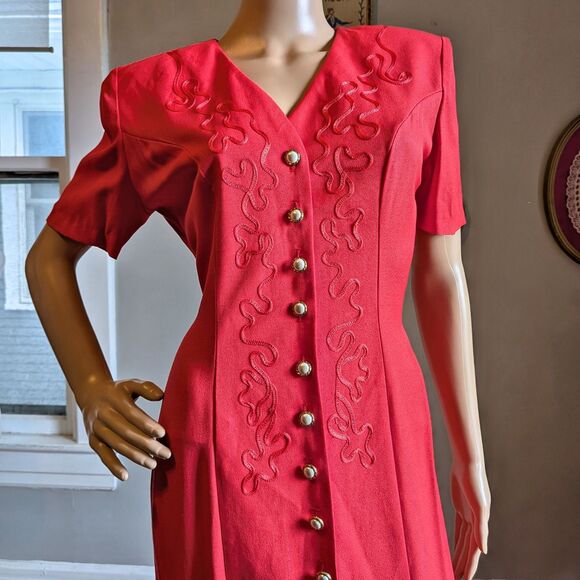 Vintage 90s Scarlett Red Midi Dress Pearl Button Front Shoulder Pads Size 3/4 - Picture 4 of 10